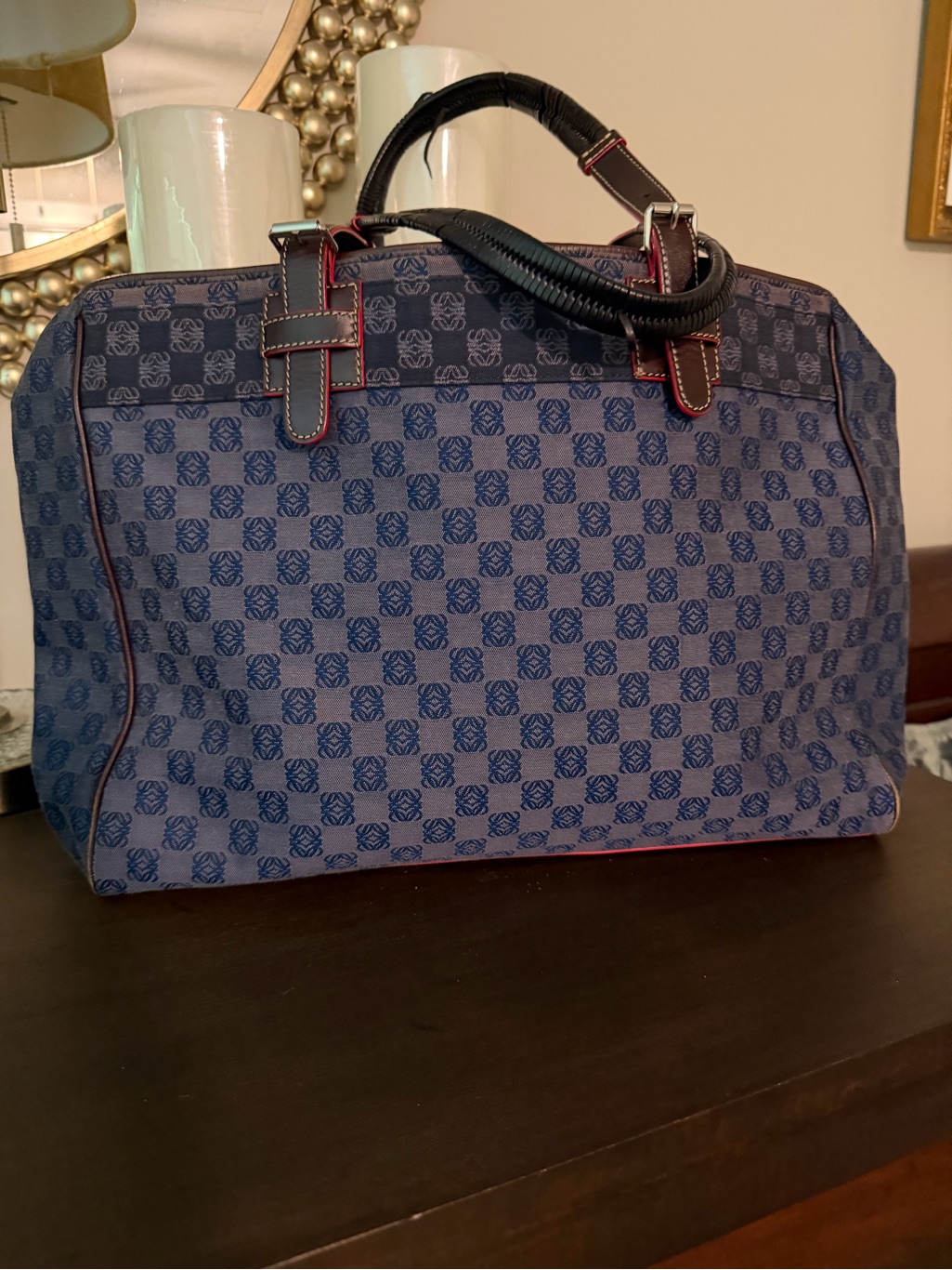 Loewe Navy Monogram Hobo With Black Handles And Red Trim
